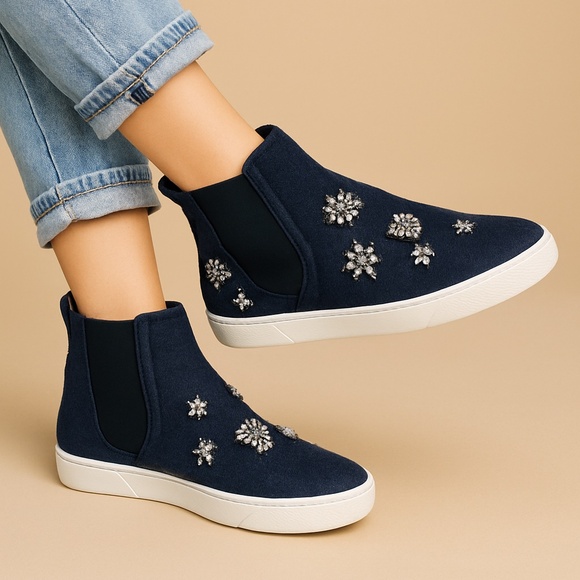 Jimmy Choo 6.5 Della Crystal Rhinestone Flannel Hightop Sneakers Pull On Gray 37 - Picture 1 of 12